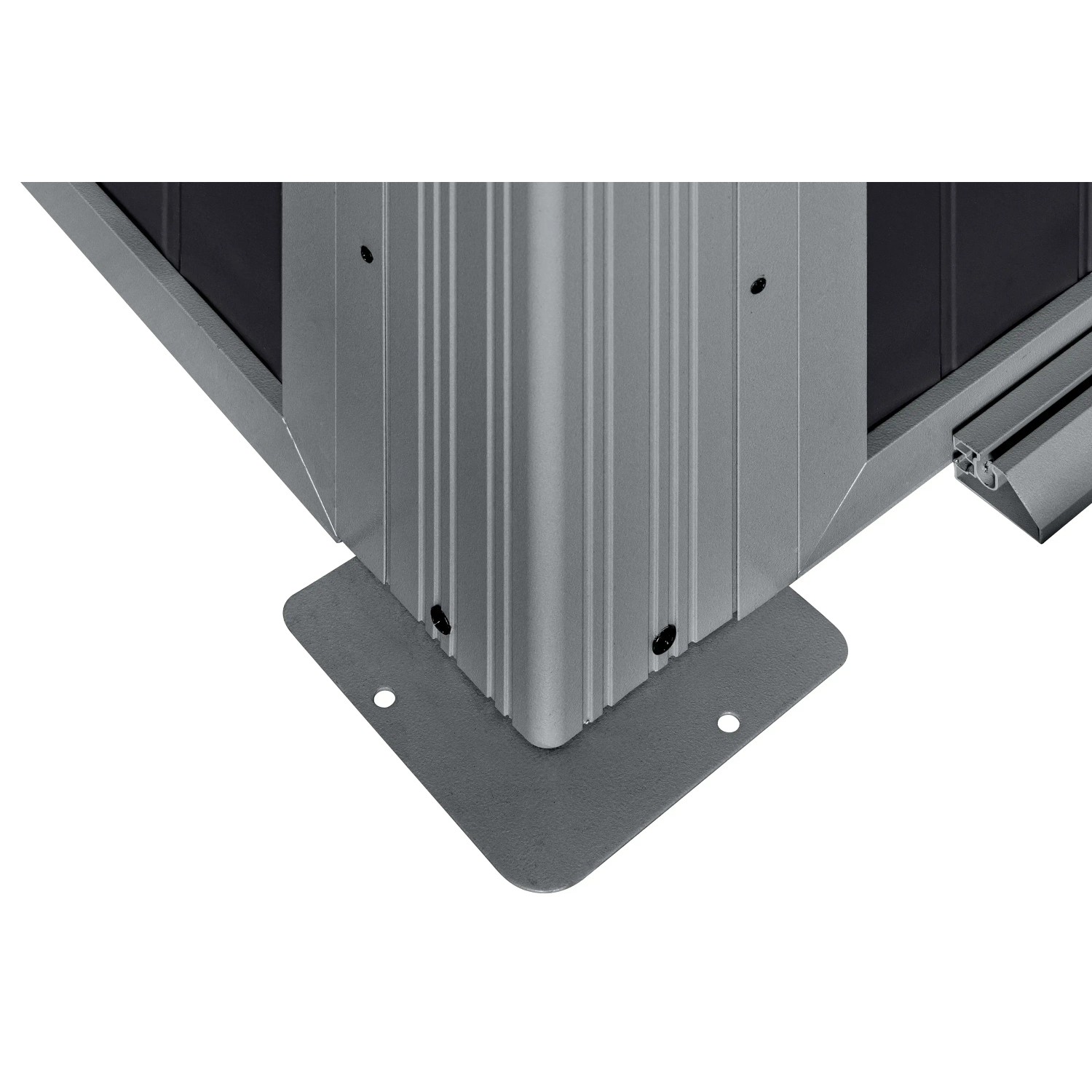 Detailaufnahme: Eckelement des schwarzen Sojag Olan Pavillons/Wintergartens mit Aluminiumkonstruktion.