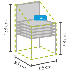 Abbildung der Perel Schutzhülle für Stapelsessel mit Maßangaben (133x66x95cm).