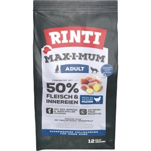 Rinti Max-i-Mum Hunde-Trockenfutter mit 50% Huhn, 12kg Sack. Getreidefreies Futter für ausgewachsene Hunde.