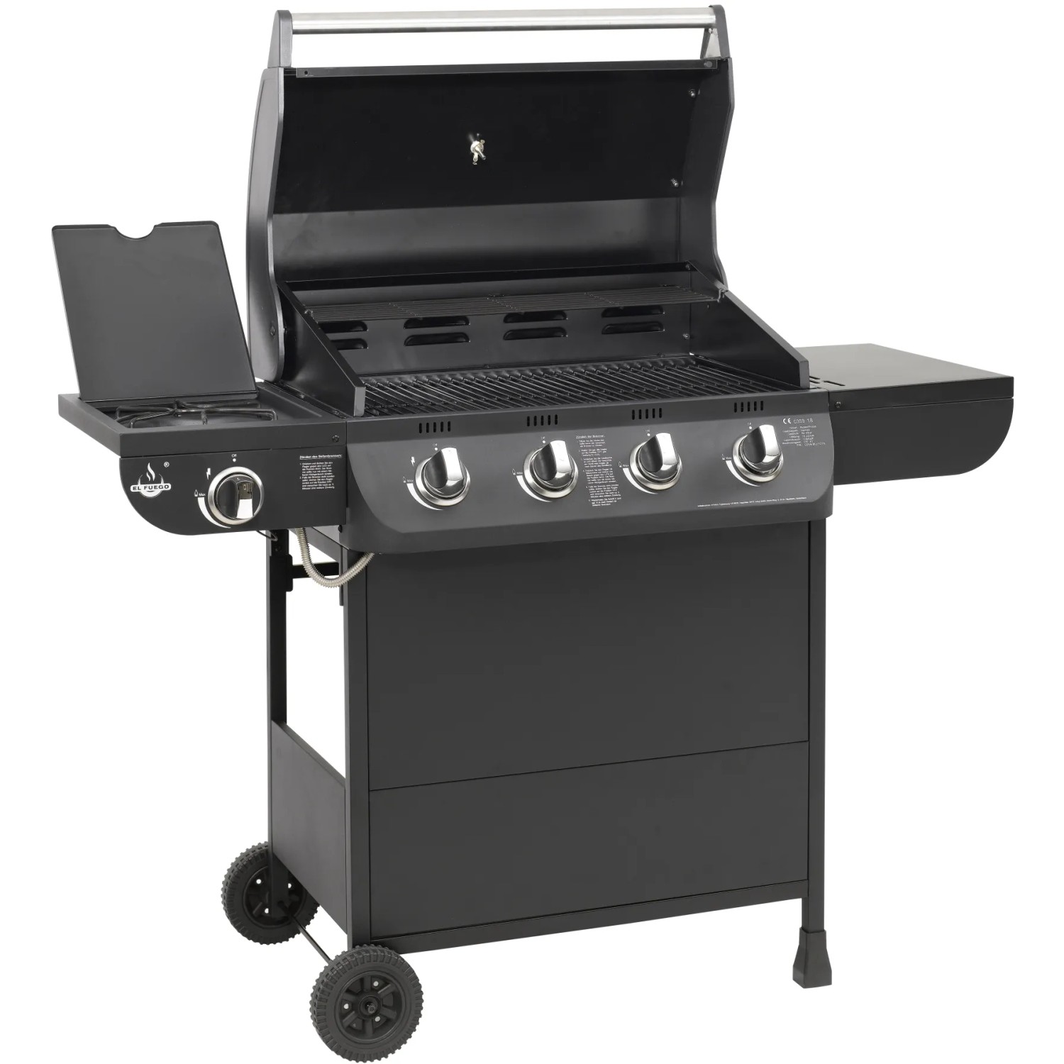 Schwarzer El Fuego Gasgrill Columbus mit 4 Brennern und Seitenbrenner. Grillwagen mit Ablageflächen und Rädern.