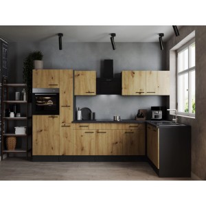 Respekta Winkelküche Oliver 310 cm in Artisan Eiche mit Elektrogeräten und Spüle.