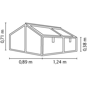 Skizze des Vitavia Frühbeet Gamma ESG Alu, B 89 x T 124 x H 71 cm, mit Maßangaben.
