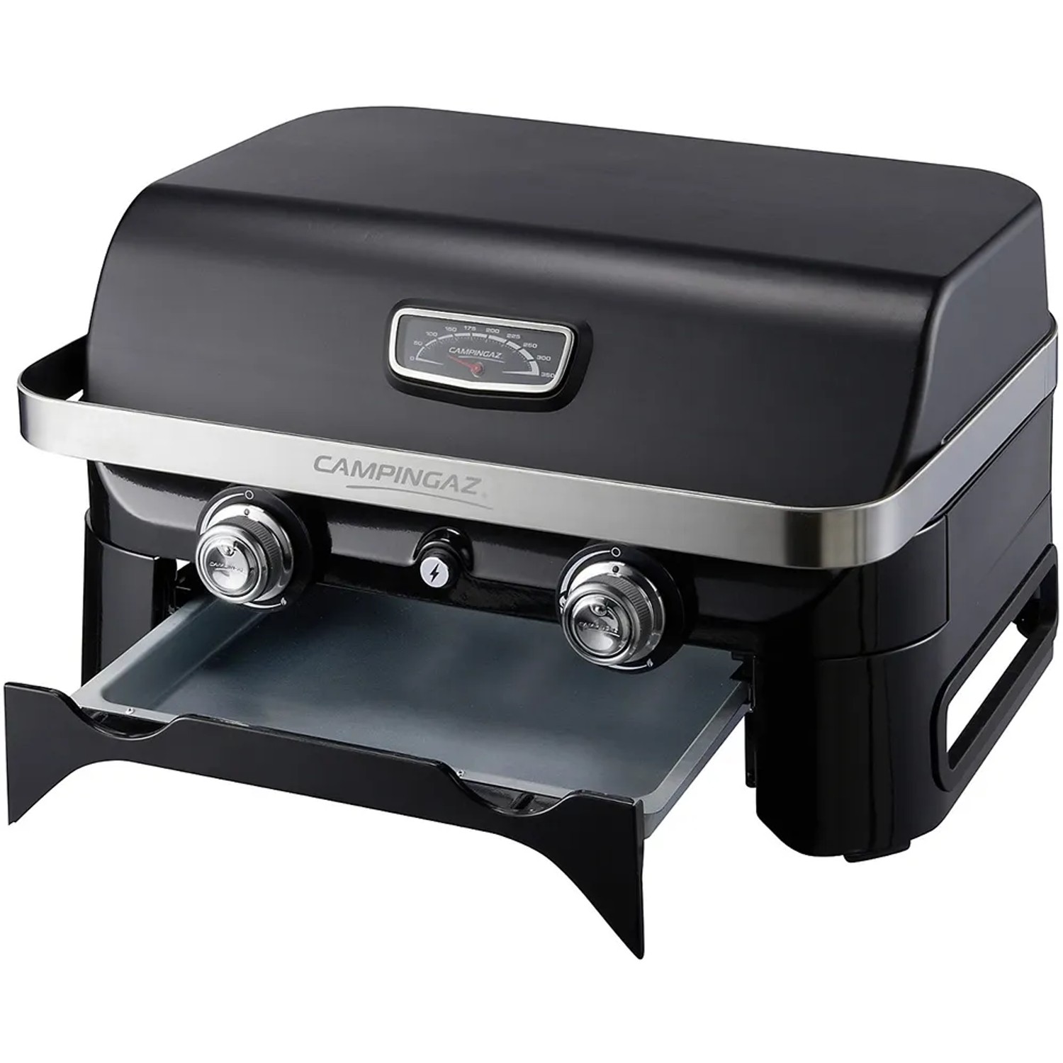 Campingaz Gas-Tischgrill Attitude 2100 LX, kompakter Grill mit Thermometer und Fettauffangschale.