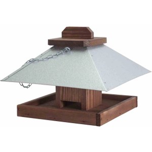 Siena Garden Vogelhaus aus Kiefernholz, braun und silber, mit Silo und Kette zum Aufhängen.