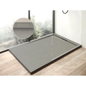 Rechteckige, extraflache Ottofond Duschwanne Zona, 140x90 cm, Zementgrau, mit Ablaufabdeckung.