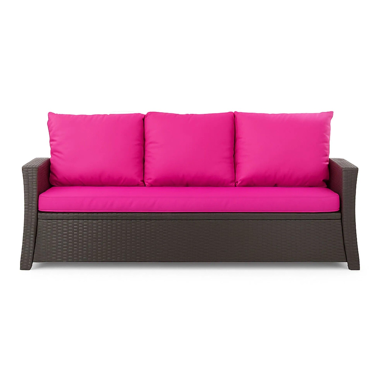 Gartenkissen Set für Polyrattan-Sofa (3-Sitzer) in Braun mit pinkfarbenen Kissen.