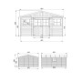 Technische Zeichnung: Timbela Gartenhaus M333, 19,77 m², Holz Abstellraum mit Fenstern, Maße und Ansichten.