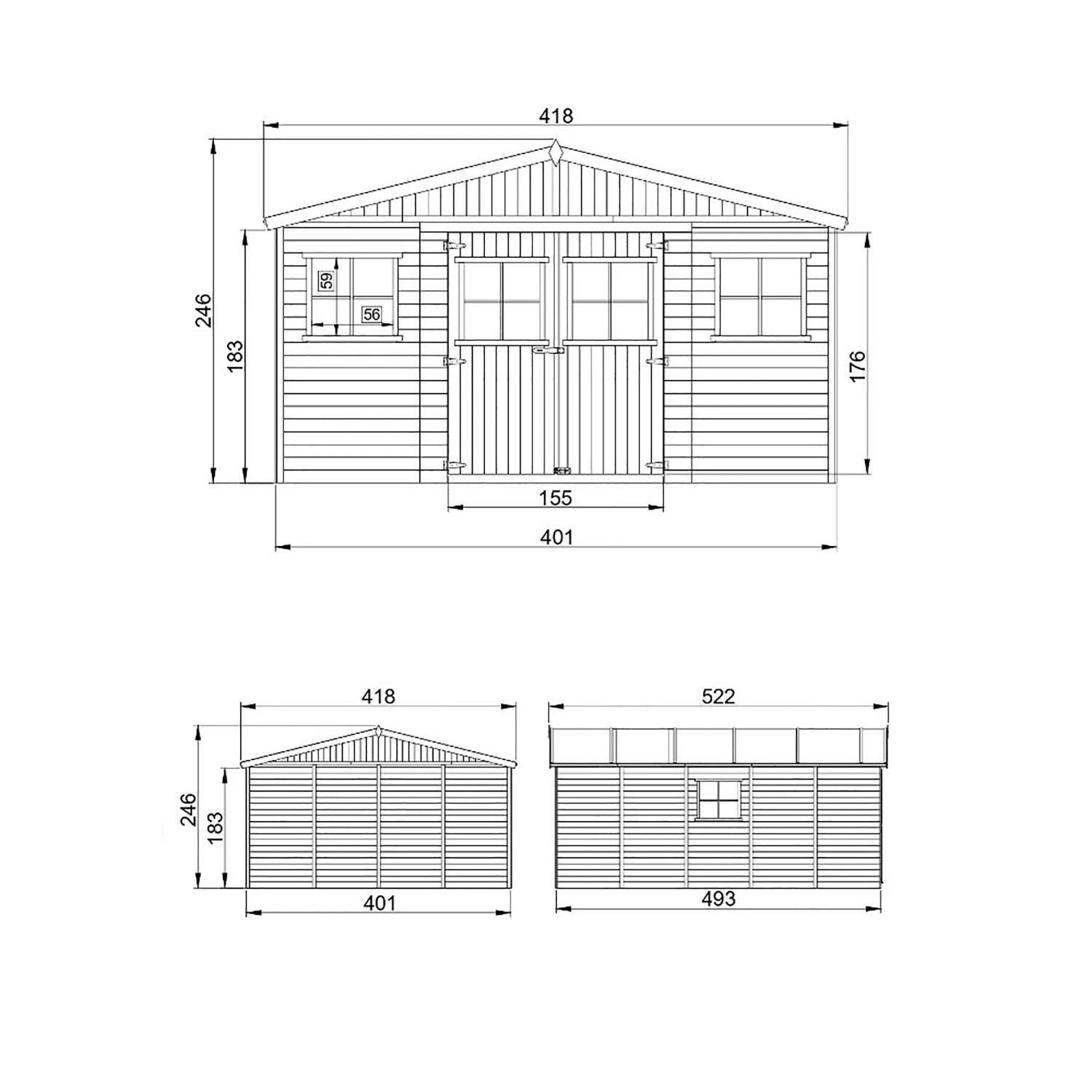 Technische Zeichnung: Timbela Gartenhaus M333, 19,77 m², Holz Abstellraum mit Fenstern, Maße und Ansichten.