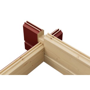 Lasita Maja Gartenhaus: Eckverbindung aus roten und naturfarbenen Holz-Blockbohlen.
