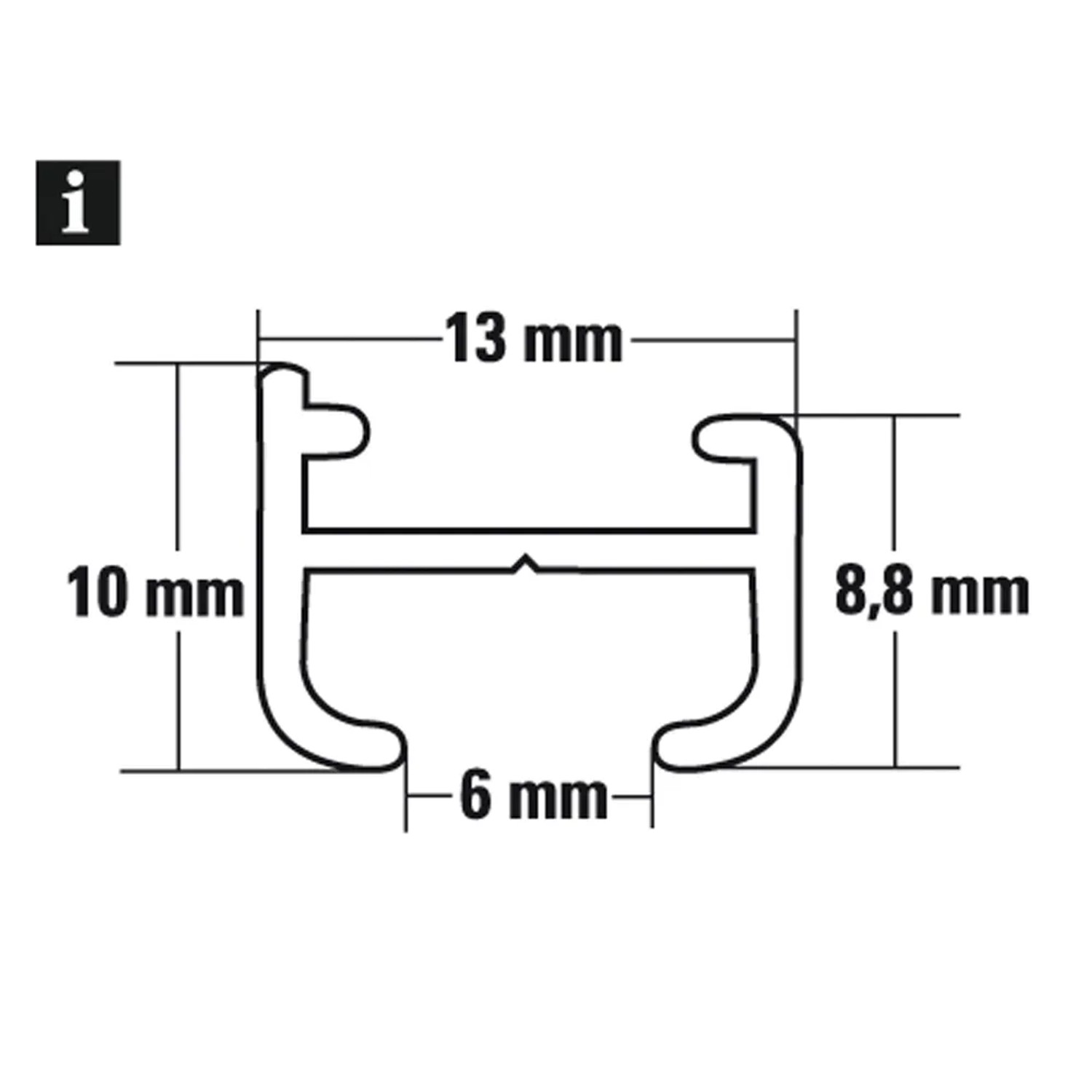 Detailzeichnung Gardinia Aluminiumschiene, Maße: 13x10 mm, für Gardinensysteme.
