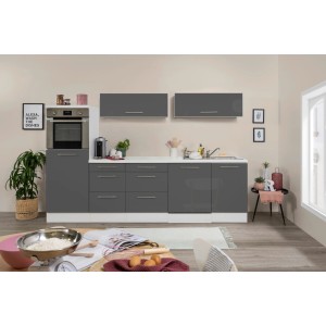 Respekta Premium Inselküche 280 cm in Grau Hochglanz/Weiß mit E-Geräten.