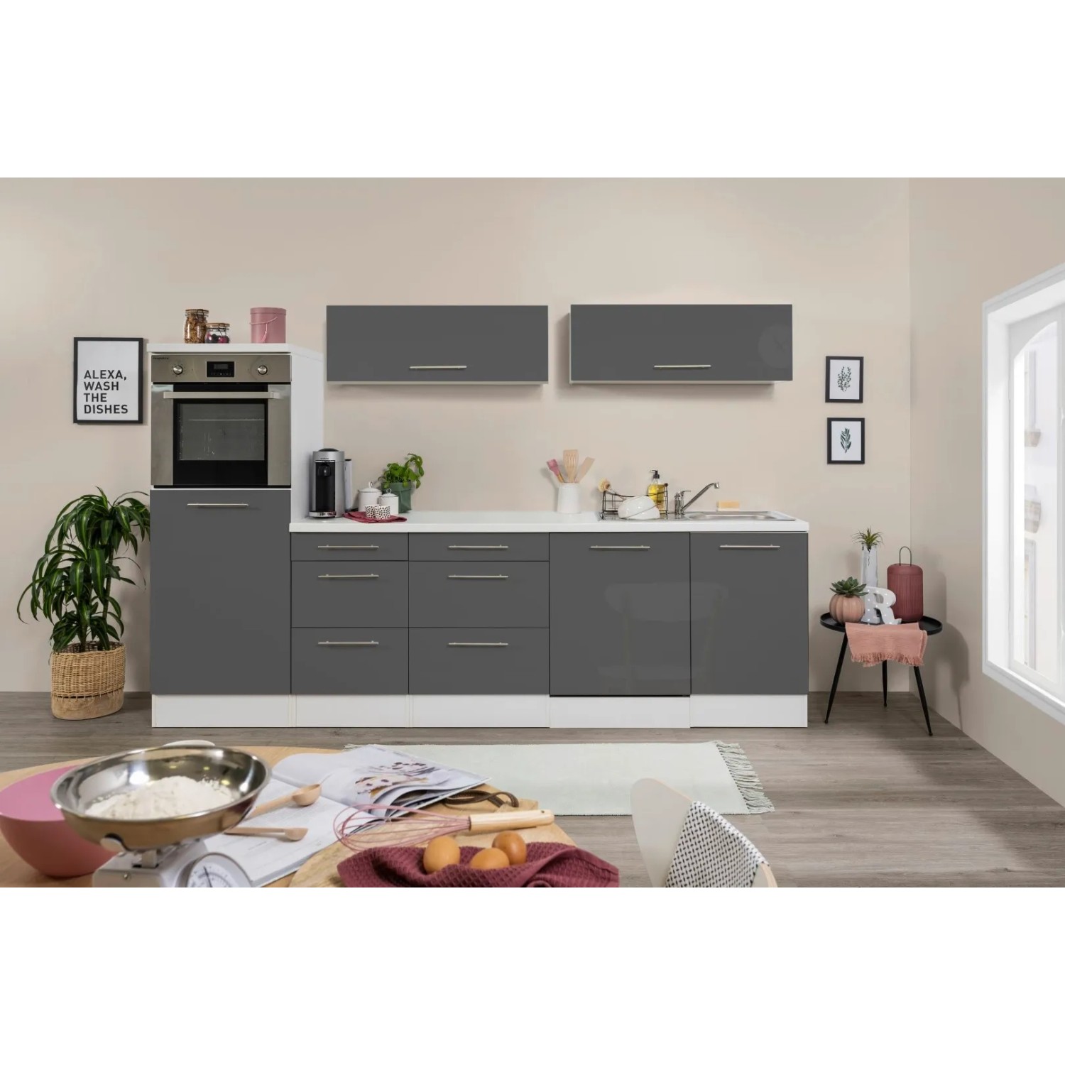 Respekta Premium Inselküche 280 cm in Grau Hochglanz/Weiß mit E-Geräten.