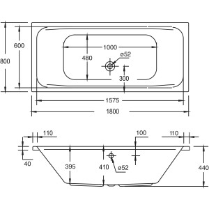 Technische Zeichnung: Ottofond Malta Badewanne, 180 cm, Maße und Details zur Rechteck-Badewanne.