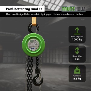 TRUTZHOLM Kettenzug Rund 1t Tragkraft 3 m Hubhöhe Einzelbremse HSZ Flaschenzug Hebezug Seilzug