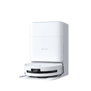 Weißer Ecovacs Deebot T80 Omni Saug- und Wischroboter mit Reinigungsstation.