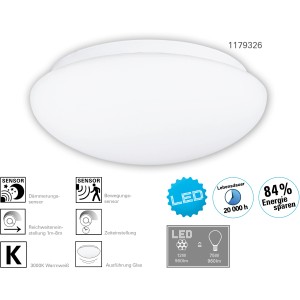 Weiße LED-Deckenleuchte Bergen mit Bewegungsmelder von Näve, aus Metall und Glas.