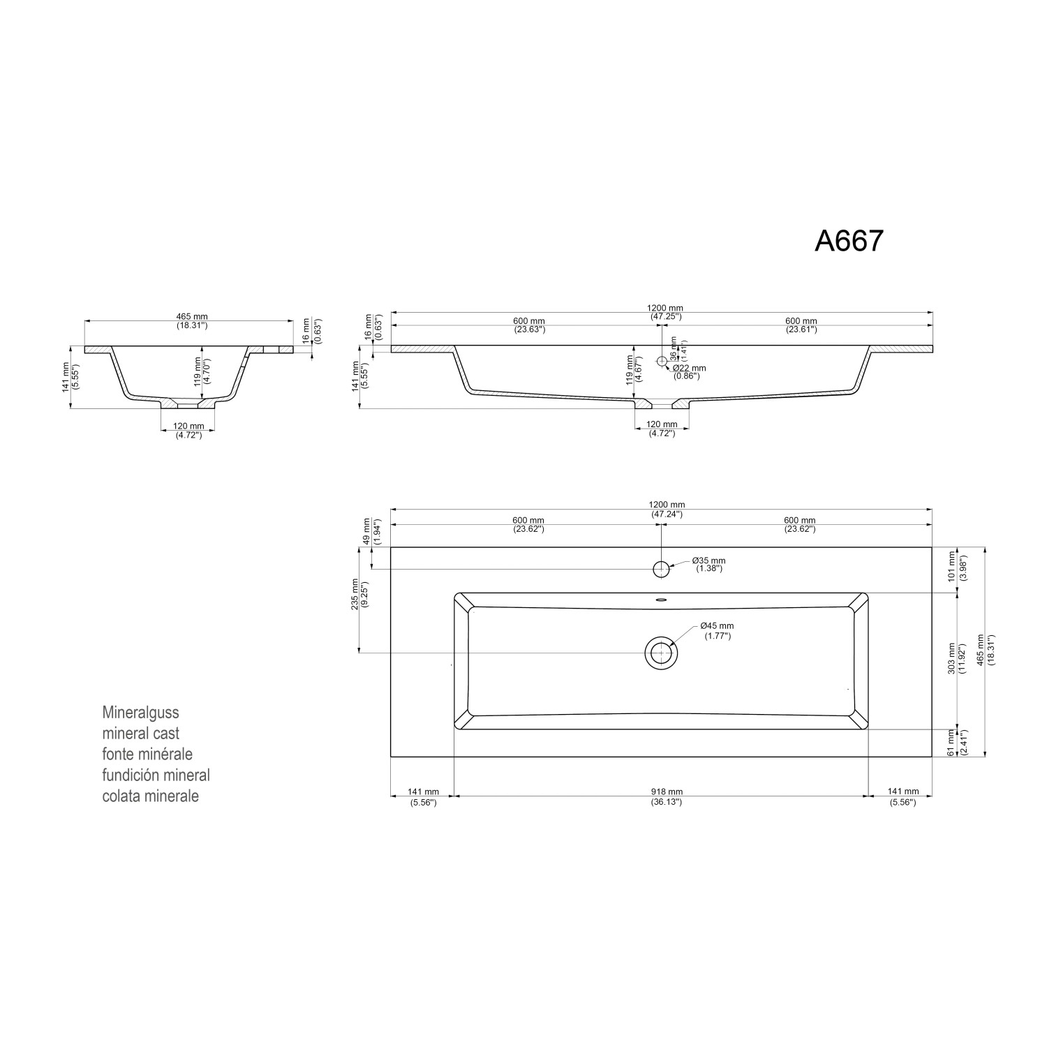 Technische Zeichnung Badmöbel-Set Posseik Limes 120 cm, Grafit, mit Maßen für Waschtisch und Unterschrank.