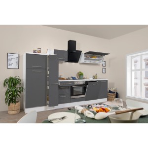 Respekta Premium Küchenzeile 310 cm in Grau Hochglanz und Weiß mit E-Geräten.