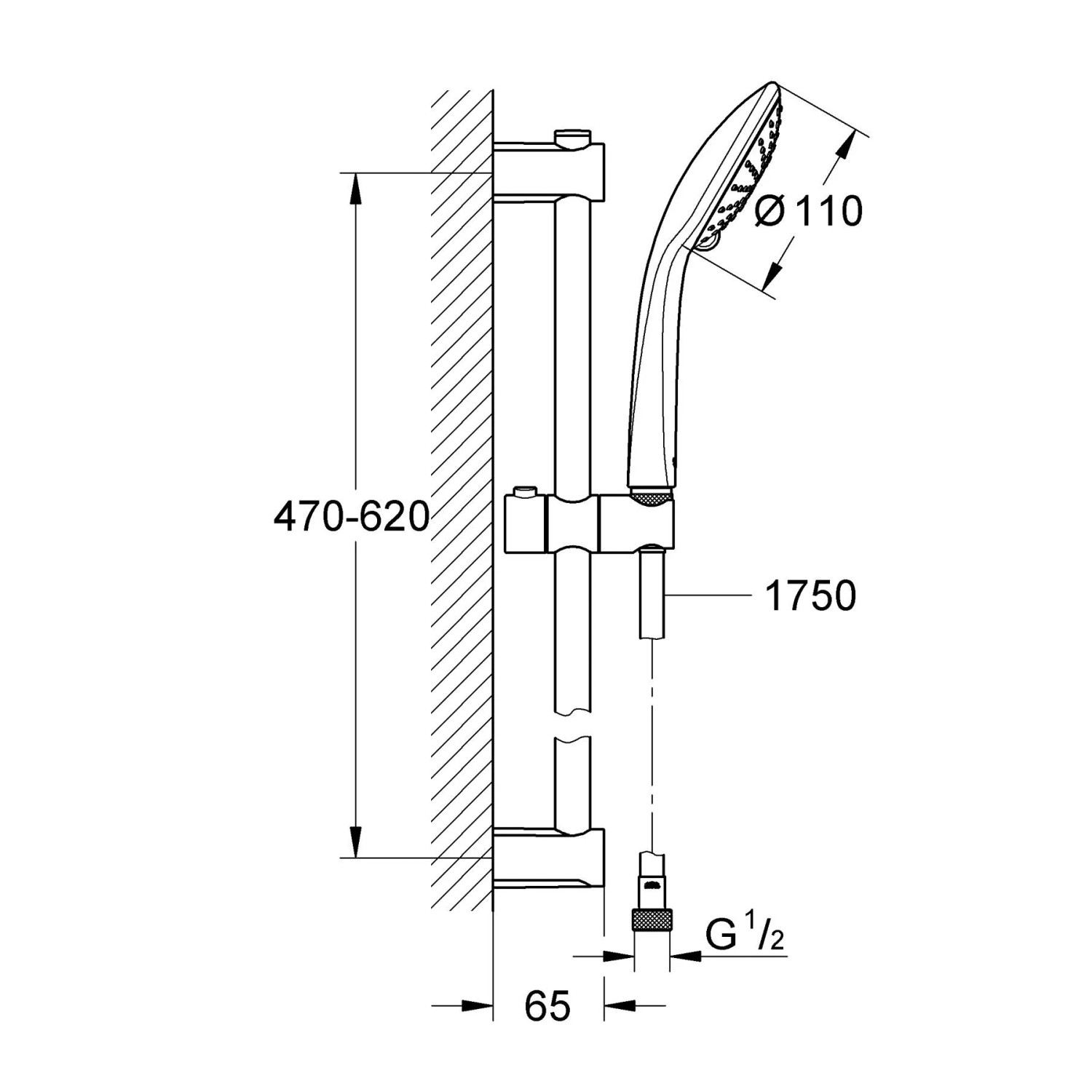 Technische Zeichnung: Grohe QuickFix Brausestangen-Set Vitalio Joy 110 Duo, Chrom, 2 Strahlarten, Maße.