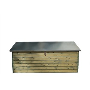 Kesseldruckimprägnierte Gartentruhe aus Holz mit Blechdeckel. Ideal zur Aufbewahrung im Garten.