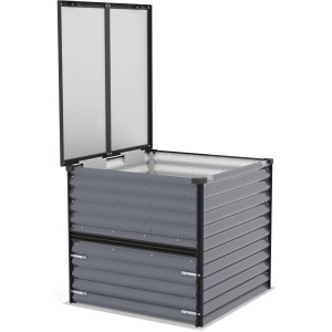 Vitavia Komposter Tami in Granit-Schwarz, geöffnet. Quadratischer Gartenkomposter aus Metall mit Deckel.