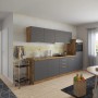 Moderne Küchenzeile in Grau-Wotaneiche Optik mit E-Geräten. Die Held Möbel Küche ist 300 cm breit.