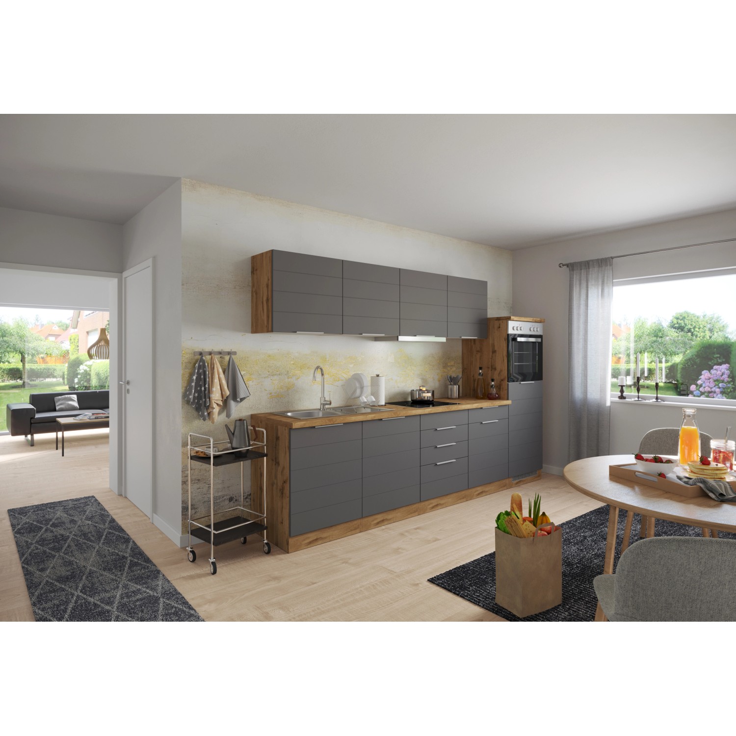 Moderne Küchenzeile in Grau-Wotaneiche Optik mit E-Geräten. Die Held Möbel Küche ist 300 cm breit.