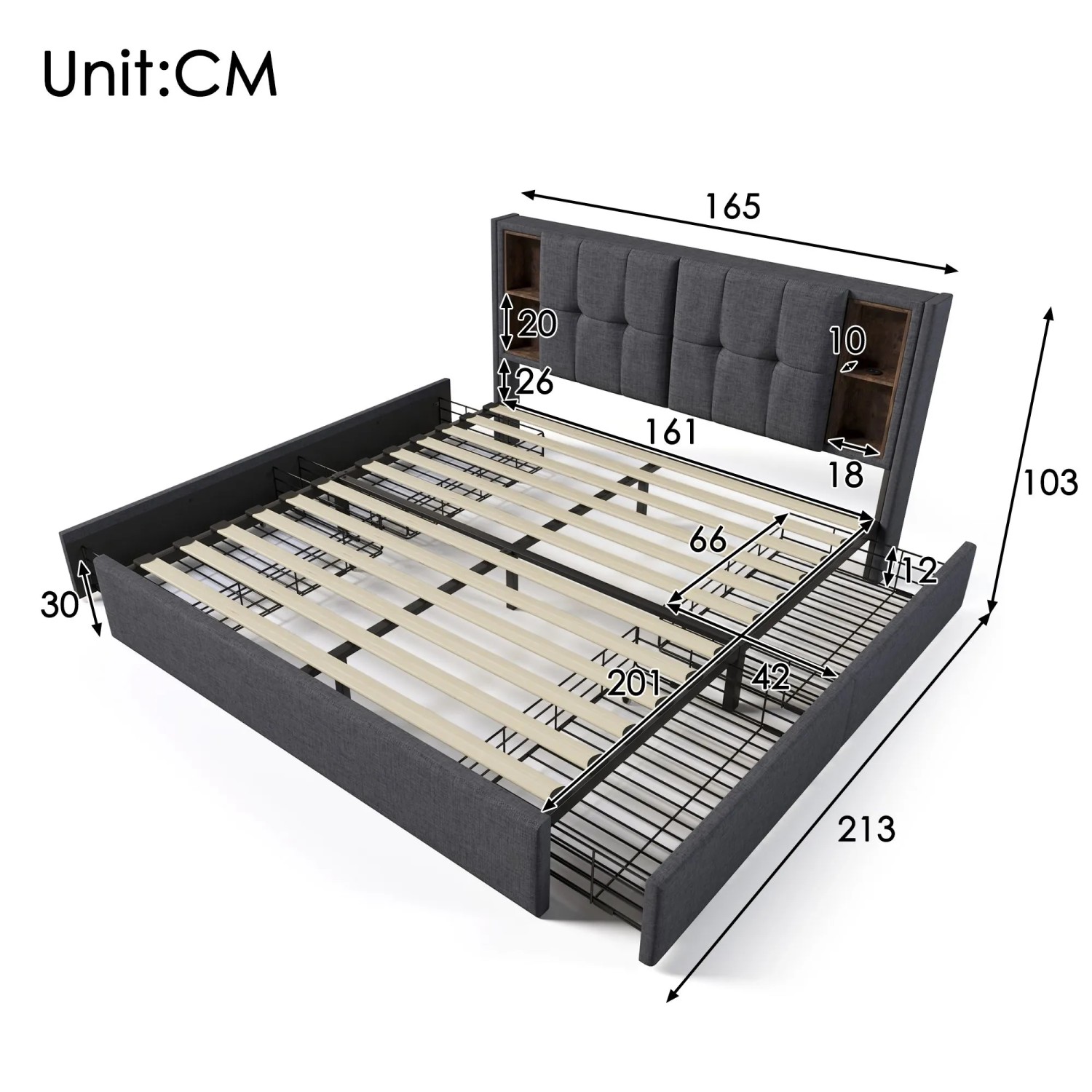 okwish Polsterbett 160x200cm mit USB C Schubladen Schlafzimmer Grau Leinen ohne Matratze_5