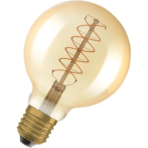 Osram LED-Leuchtmittel E27 in Globeform mit warmweißem Licht und goldener Tönung.