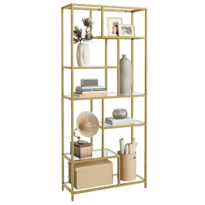Songmics Regal Baris mit 6 Hartglas-Ablagen, goldfarbenes Bücherregal mit Deko.