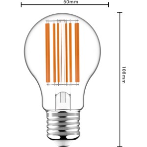 LED-Leuchtmittel E27 Klassisch A60, 3,8 W, warmweiß, mit Filament-Optik und Maßangaben.