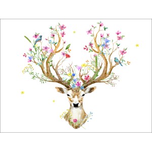 Leinwandbild: Hirsch mit Blumen und Vögeln, 57x77 cm. Dekorative Wandkunst für Wohnräume.