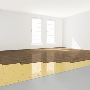 Verlegung der Selitbloc® GripTec Trittschalldämmung unter einem Holzboden in einem Raum.