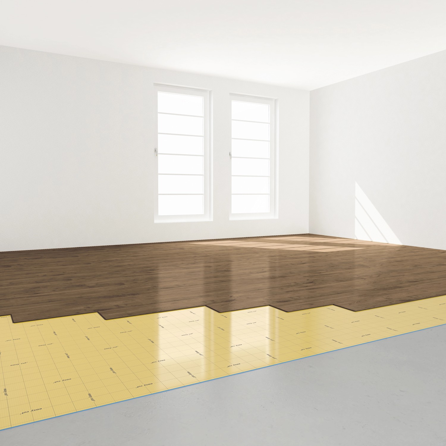 Verlegung der Selitbloc® GripTec Trittschalldämmung unter einem Holzboden in einem Raum.