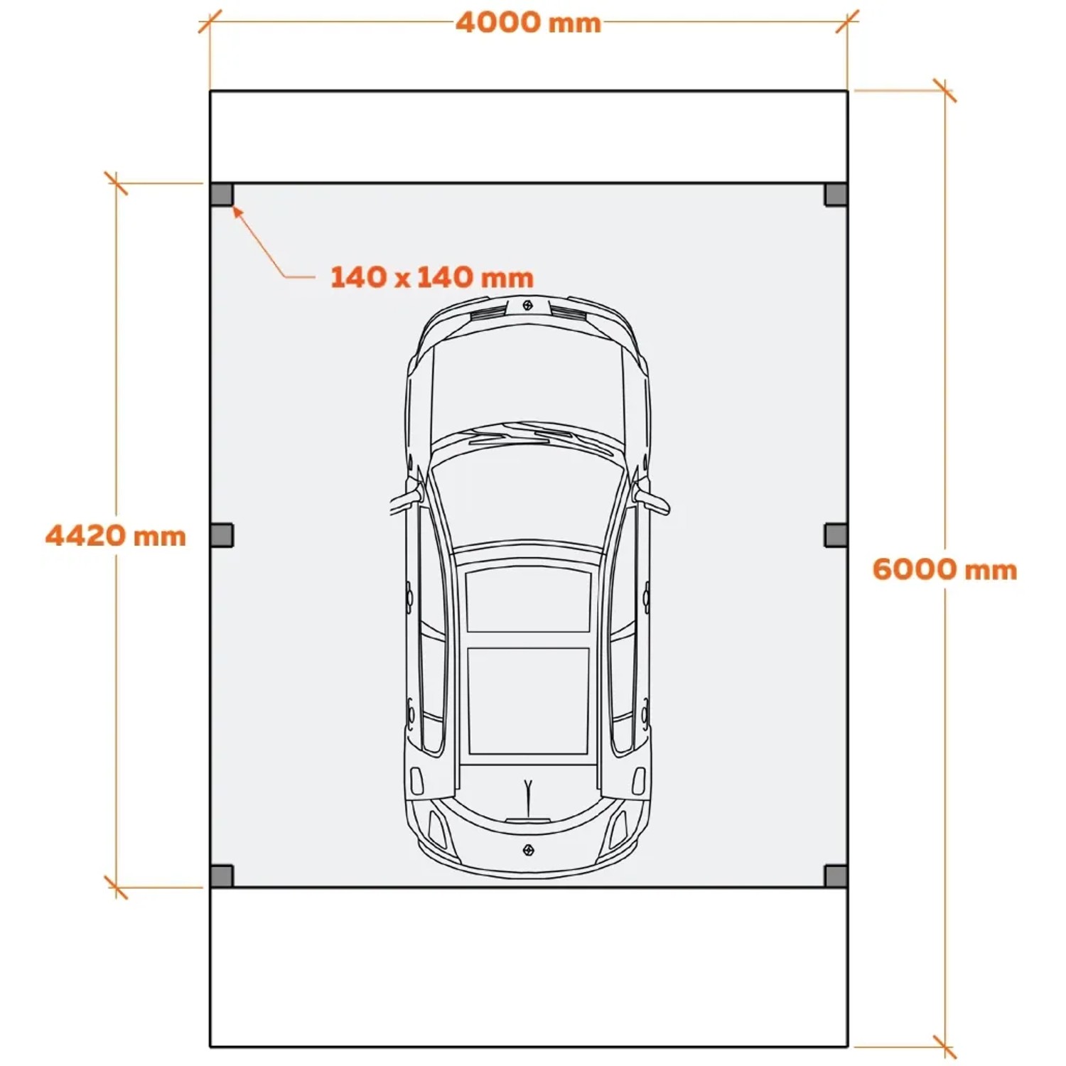 Skizze des Holzbrüder Camping-Carport Ralf 400x600 cm mit Wohnmobil, Maße und Pfostenstärke.