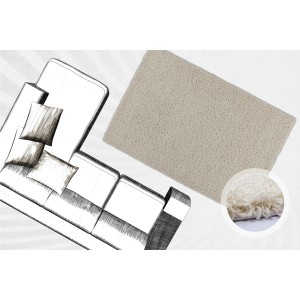Elfenbeinfarbener Hochflorteppich Base 270, 60x110 cm, neben einer Couch-Skizze.