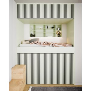 Akustikpaneel Linoleum Pistacio, MDF schwarz, Filz schwarz, 60x240 cm, im Schlafzimmer integriert.