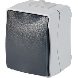 Grauer Feuchtraum Aus-Wechselschalter IP44 zur Aufputzmontage.