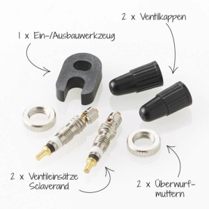 Fischer Ventil-Set Sclaverand 7-teilig: Ventile, Kappen, Muttern und Werkzeug für Fahrrad-Reparatur.
