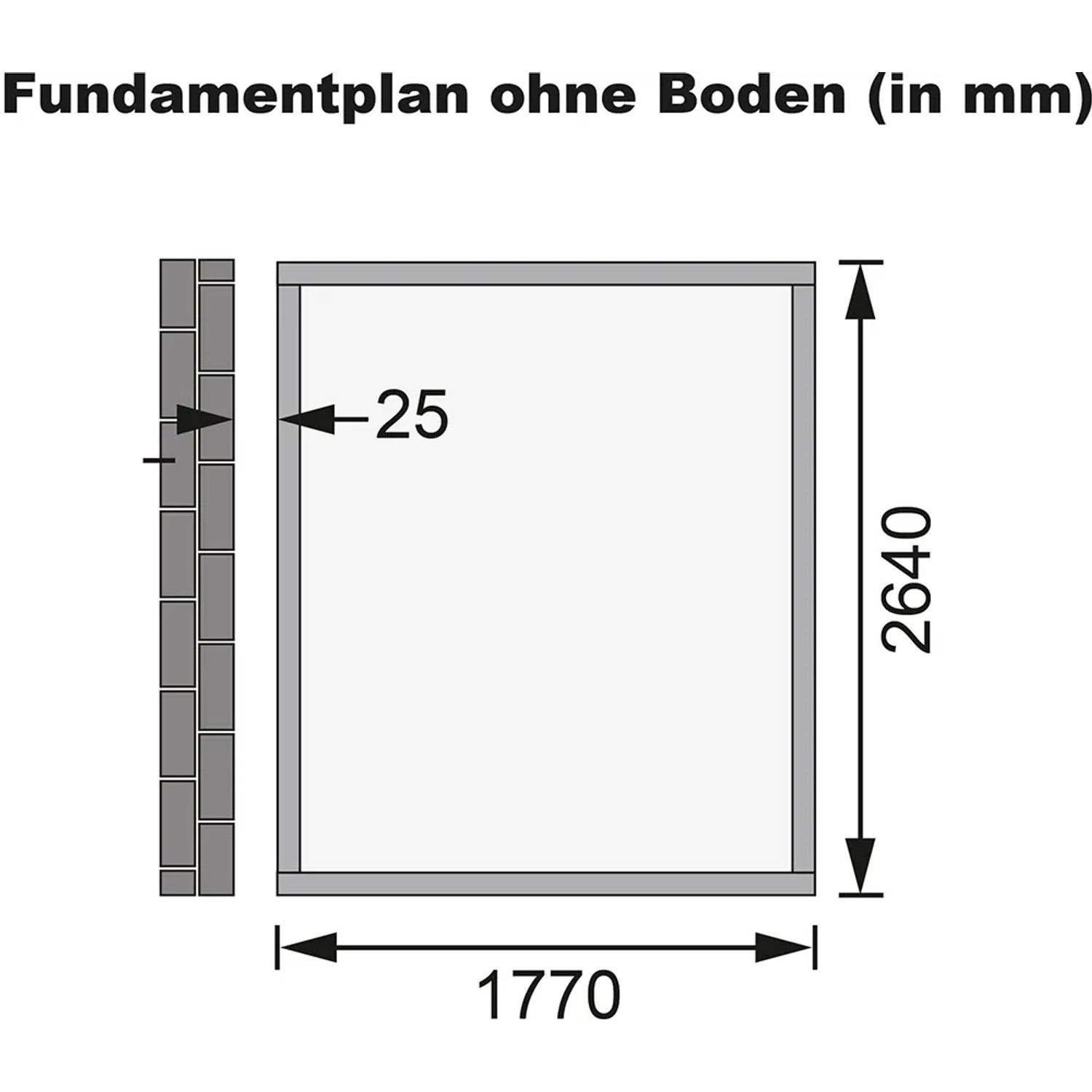 Fundamentplan für Karibu Gartenhaus Kristiansund, Maße: 1770 x 2640 mm, Pultdach.