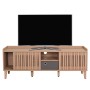 Helles TV-Rack M48 mit gerillten Schiebetüren, grauer Schublade und Stauraum. 56x150x40cm.