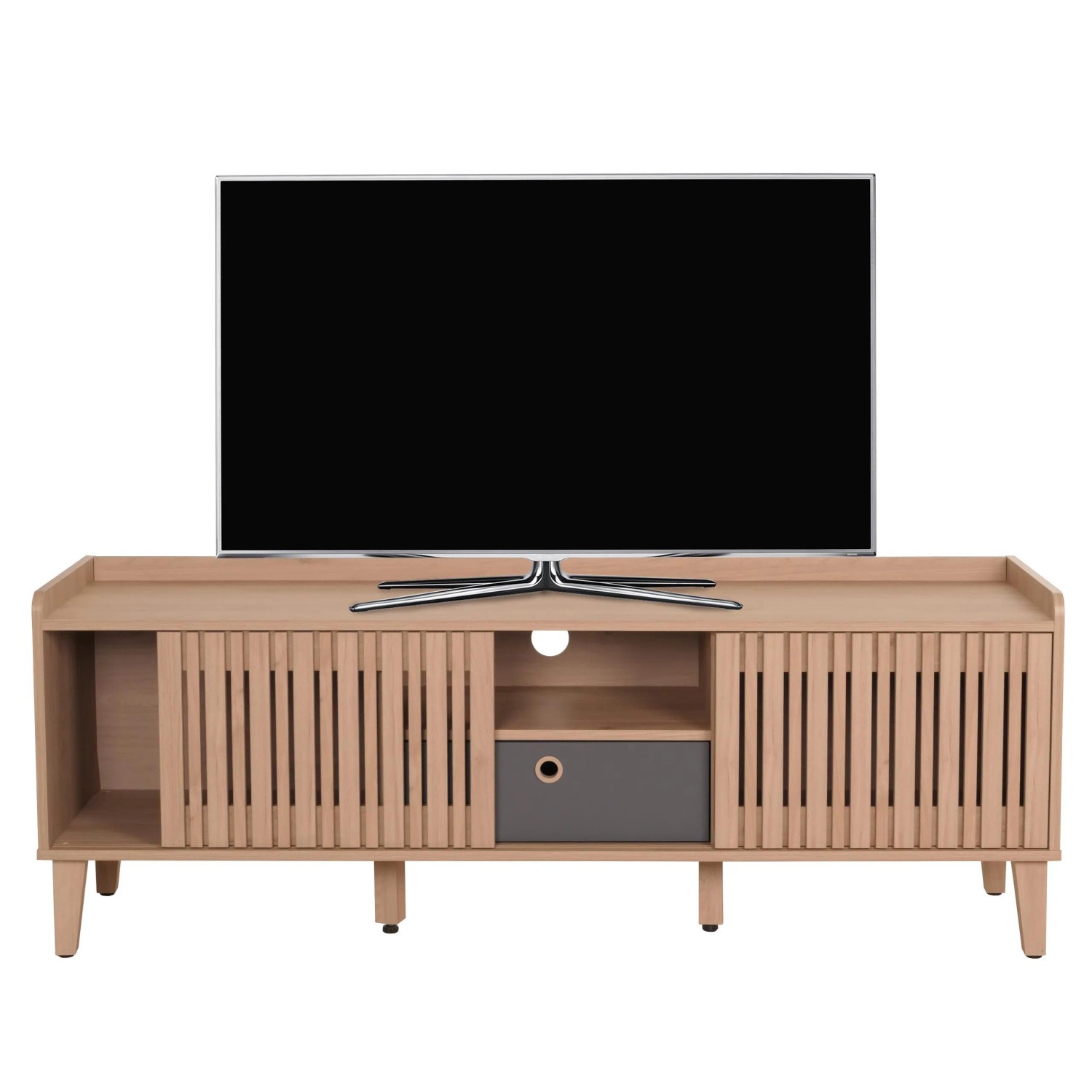Helles TV-Rack M48 mit gerillten Schiebetüren, grauer Schublade und Stauraum. 56x150x40cm.