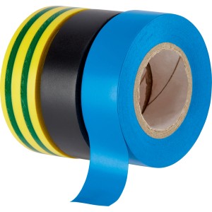 Isolierband Set, 3-teilig: Schwarz, blau und grün-gelb. PVC-Band für Elektroinstallation.