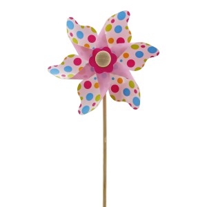 Buntes Windrad aus Kunststoff und Holz, 2-fach sortiert, für frühlingshafte Deko.