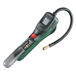 Bosch EasyPump Akku-Druckluftpumpe mit Display und Zubehör.