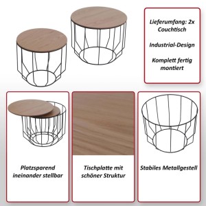 2er-Set Couchtische im Industrial Design mit Eichenholz-Tischplatten und schwarzem Metallgestell.