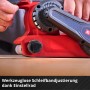 Roter Einhell Akku-Bandschleifer TP-BS 18/457 Li BL mit Einstellrad zur Schleifbandjustierung.