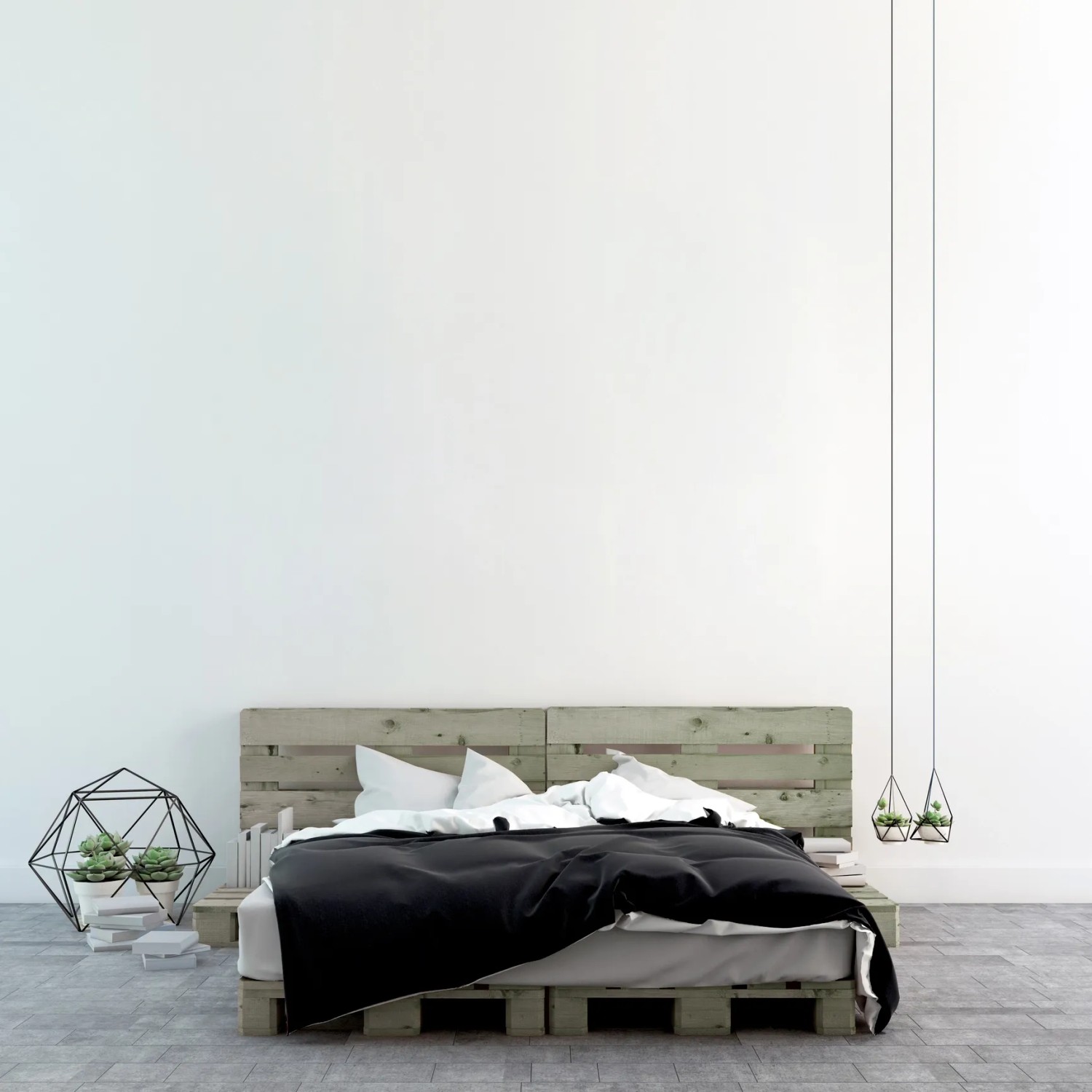 Rust-Oleum Weathered Wood Effektfarbe in gedämpftem Salbei auf einem Holzbett im Schlafzimmer.