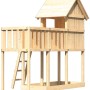 Karibu Stelzenhaus Frieda mit Anbauplattform, Holzleiter und Sandkasten. Naturbelassenes Fichtenholz.