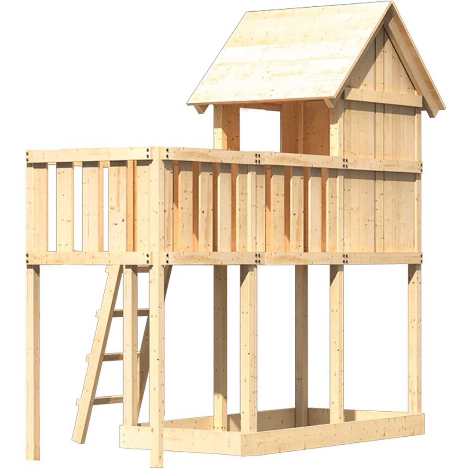 Karibu Stelzenhaus Frieda mit Anbauplattform, Holzleiter und Sandkasten. Naturbelassenes Fichtenholz.